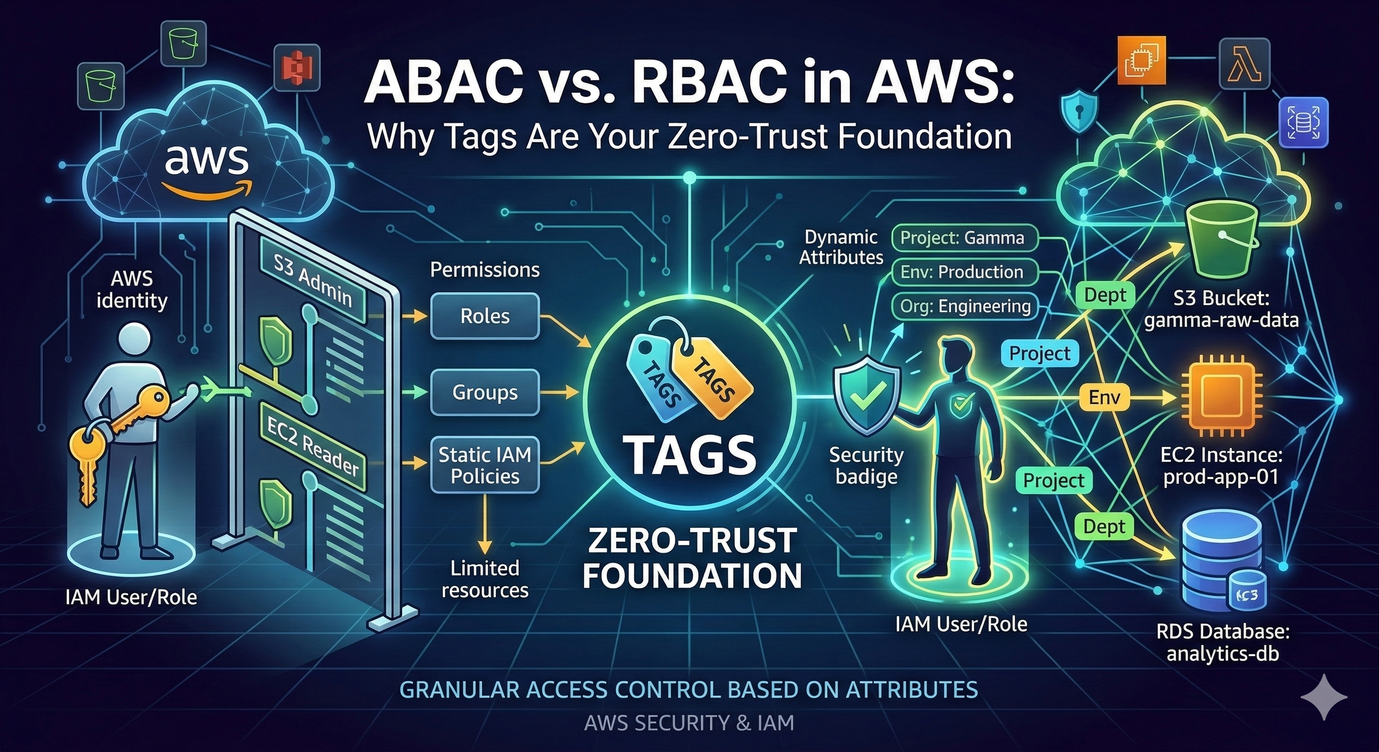 ABAC vs. RBAC in AWS: Tags as Zero-Trust Foundation - diagram comparing RBAC roles and static policies with ABAC dynamic attributes and tag-based access