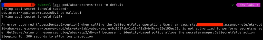 Pod logs showing app1 secret success and app2 secret AccessDenied