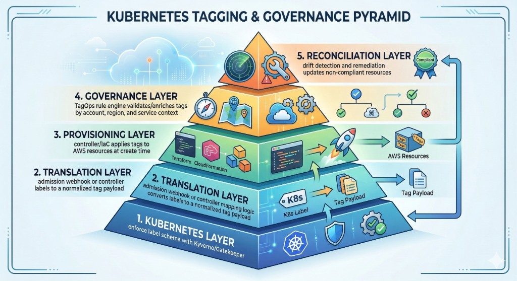 Kubernetes Tagging and Governance Pyramid: five layers from Kubernetes through Translation, Provisioning, Governance, to Reconciliation