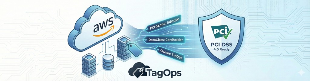 AWS resources tagged for PCI DSS 4.0 compliance with TagOps: PCI-Scope, DataClass, Owner leading to PCI DSS 4.0 Ready