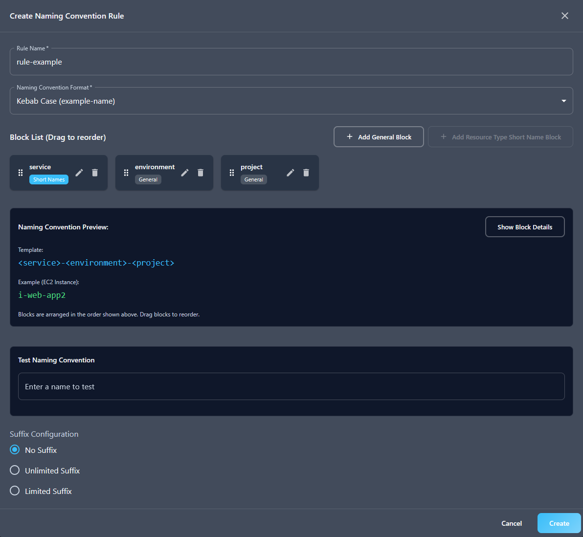 Example: Complete naming convention rule configuration
