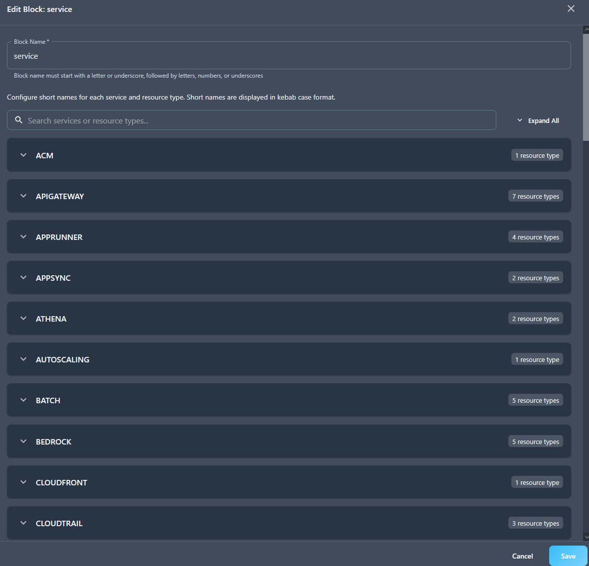 Example: Service block configuration for short names
